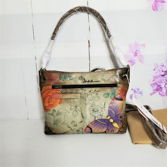 Anuschka Anna Butterfly Floral Paradise Hand Painted Leather Crossbody Bag - Picture 2 of 11